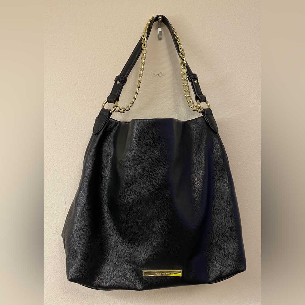 Anne Klein Black Faux Pebbled Leather Shoulder Bag With Chain Division Inside.